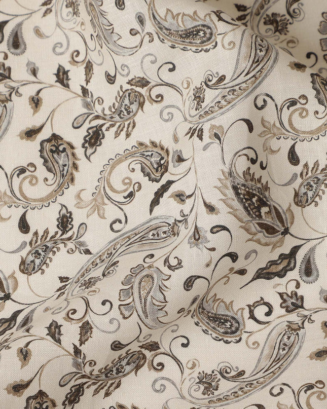 Cream Brown Paisley Floral Vintage Print Pure Linen Fabric, Elegant Ornamental Paisley Botanical Printed Linen Material for Apparel Sewing Dressmaking Craft Textile, 140 Cms Width, Made In India-D28438