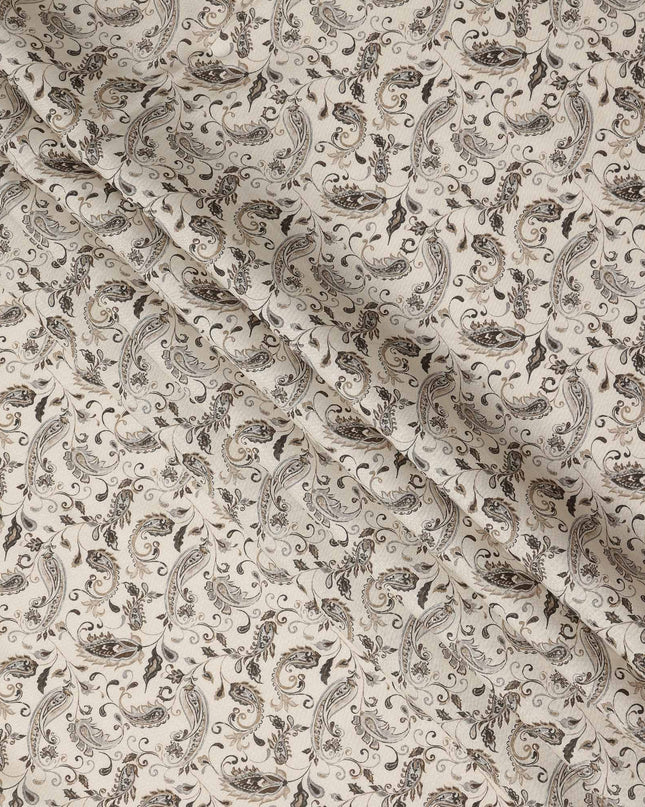Cream Brown Paisley Floral Vintage Print Pure Linen Fabric, Elegant Ornamental Paisley Botanical Printed Linen Material for Apparel Sewing Dressmaking Craft Textile, 140 Cms Width, Made In India-D28438