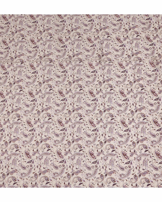 Cream Purple Paisley Floral Vintage Print Pure Linen Fabric, Elegant Ornamental Paisley Botanical Printed Linen Material for Apparel Sewing Dressmaking Craft Textile, 140 Cms Width, Made In India-D28439