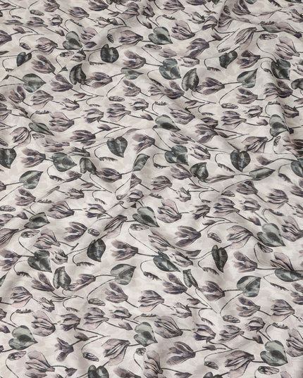 Ivory Grey Botanical Floral Leaf Print Pure Linen Fabric, Elegant Nature Inspired Printed Linen Material for Apparel Sewing Dressmaking Craft Textile, 140 Cms Width, Made In India-D28423