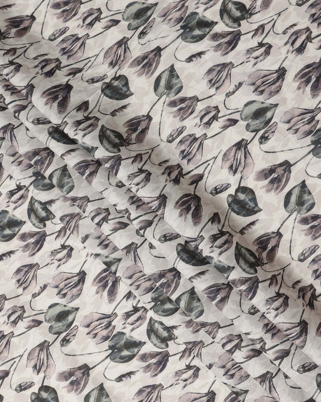 Ivory Grey Botanical Floral Leaf Print Pure Linen Fabric, Elegant Nature Inspired Printed Linen Material for Apparel Sewing Dressmaking Craft Textile, 140 Cms Width, Made In India-D28423