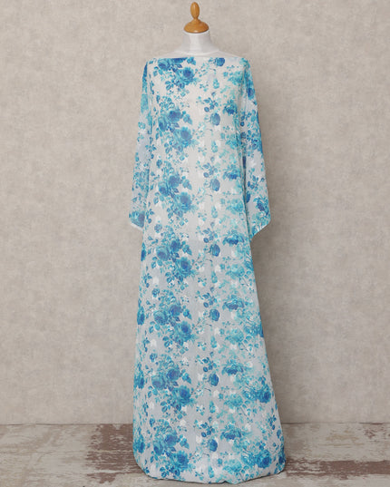 White & Blue Floral Traditional Somali Cotton Voile Dirac Fabric, 3.5 Mtrs, Width 140 Cms, Made in India-D24705