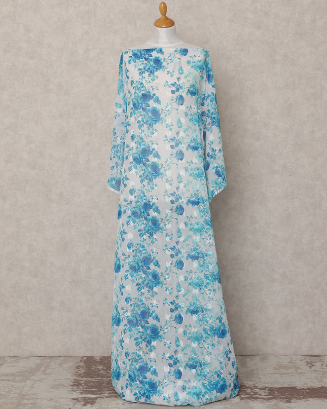 White & Blue Floral Traditional Somali Cotton Voile Dirac Fabric, 3.5 Mtrs, Width 140 Cms, Made in India-D24705