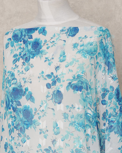 White & Blue Floral Traditional Somali Cotton Voile Dirac Fabric, 3.5 Mtrs, Width 140 Cms, Made in India-D24705