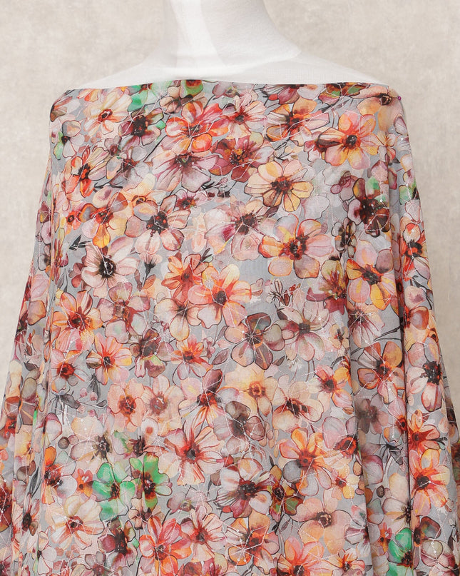 Light Grey Multicolor Floral Embroidered Somali Cotton Voile Dirac Fabric, 3.5 Mtrs, Width 140 Cms, Made in India-D24512