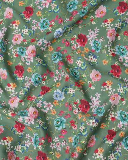 قماش كتان أخضر نقي مطبوع عليه زهور بتصميم ورود وأزهار متعددة الألوان، عرض 140 سم، صنع في الهند - D25081