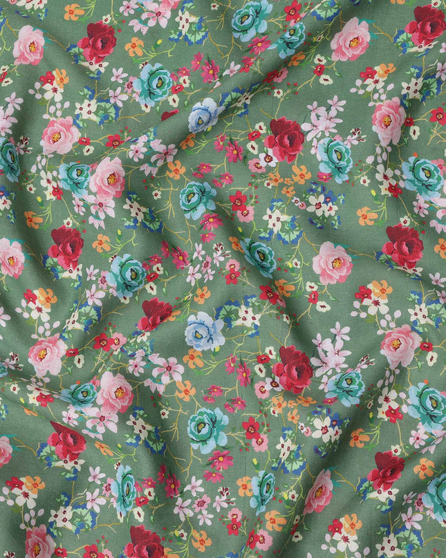 Green Pure Linen Floral Printed Fabric with Multicolor Rose and Blossom Design, 140 cms Width, Made in India-D25081