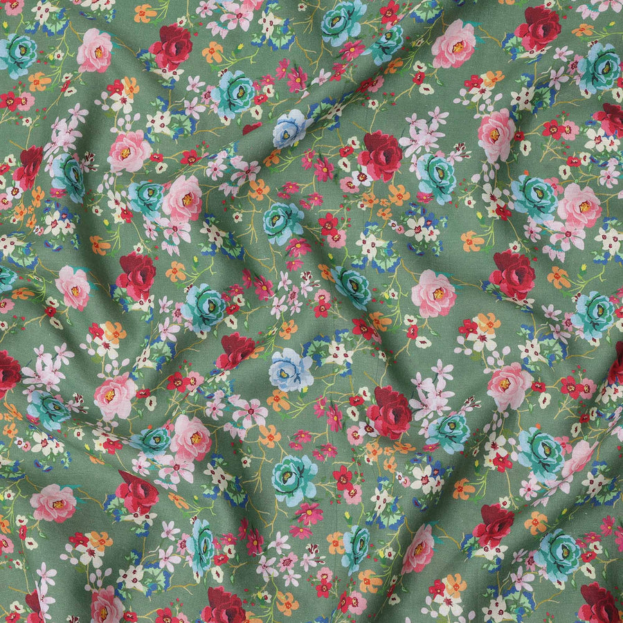 قماش كتان أخضر نقي مطبوع عليه زهور بتصميم ورود وأزهار متعددة الألوان، عرض 140 سم، صنع في الهند - D25081