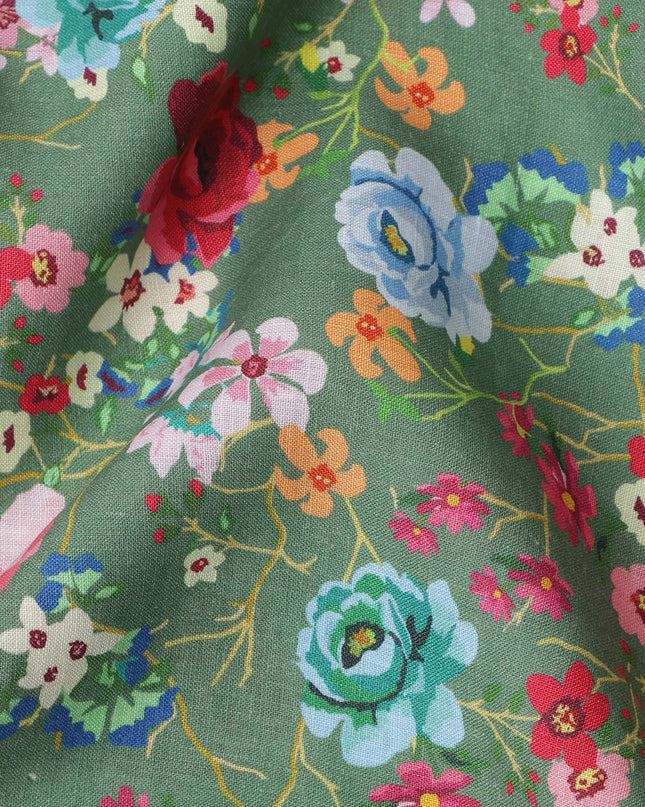 Green Pure Linen Floral Printed Fabric with Multicolor Rose and Blossom Design, 140 cms Width, Made in India-D25081
