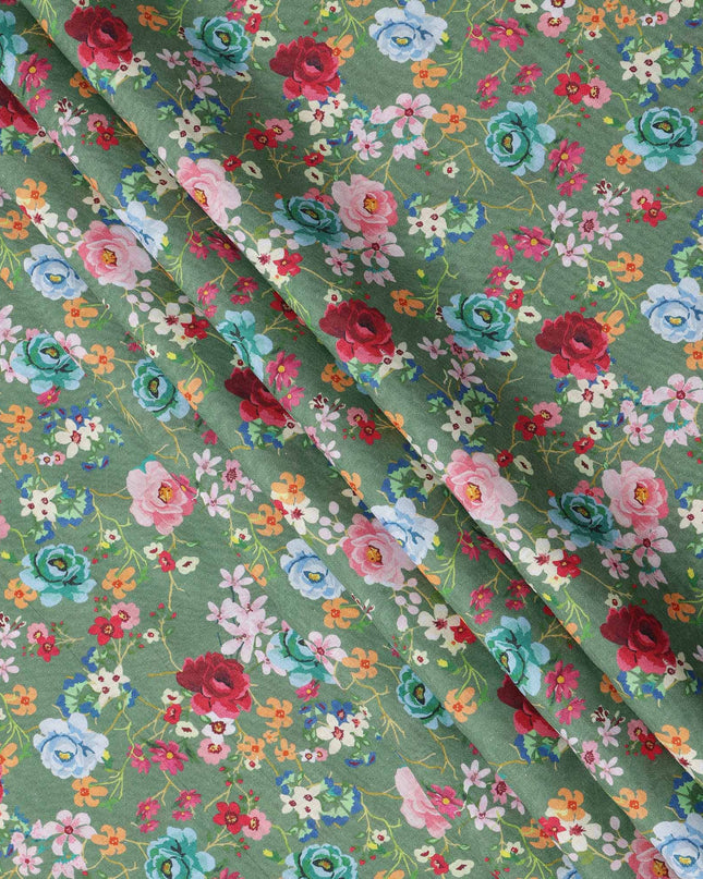 Green Pure Linen Floral Printed Fabric with Multicolor Rose and Blossom Design, 140 cms Width, Made in India-D25081