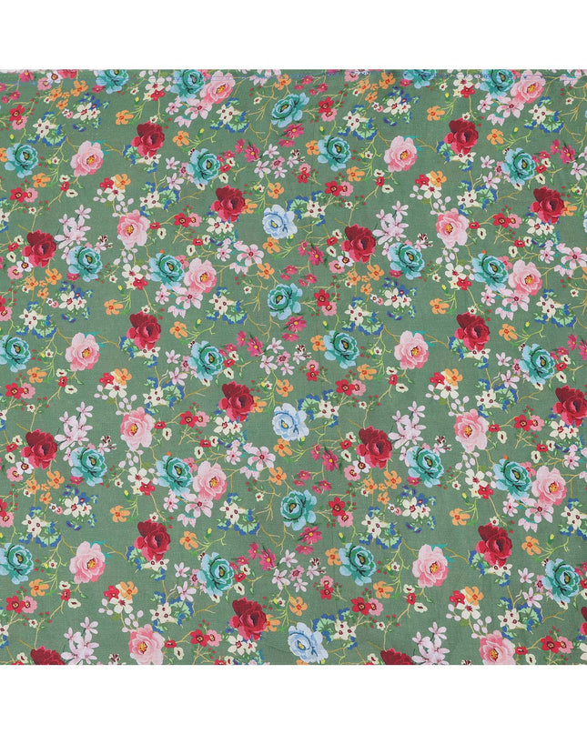 Green Pure Linen Floral Printed Fabric with Multicolor Rose and Blossom Design, 140 cms Width, Made in India-D25081