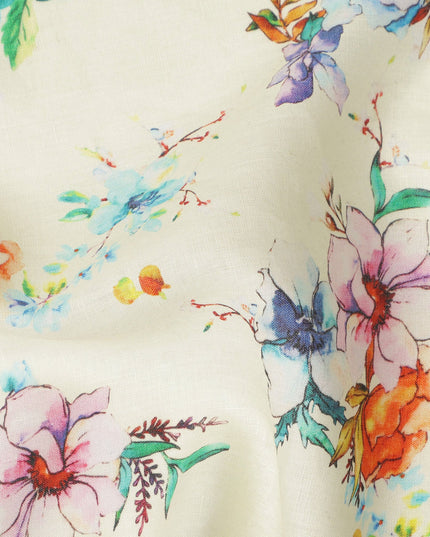 Cream Multicolor Watercolor Floral Print Pure Linen Fabric, Elegant Artistic Botanical Flower Printed Linen Material for Apparel Sewing Dressmaking Craft Textile, 140 Cms Width, Made In India-D28429