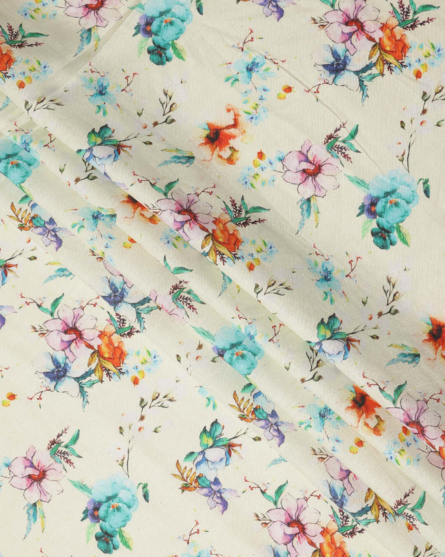 Cream Multicolor Watercolor Floral Print Pure Linen Fabric, Elegant Artistic Botanical Flower Printed Linen Material for Apparel Sewing Dressmaking Craft Textile, 140 Cms Width, Made In India-D28429