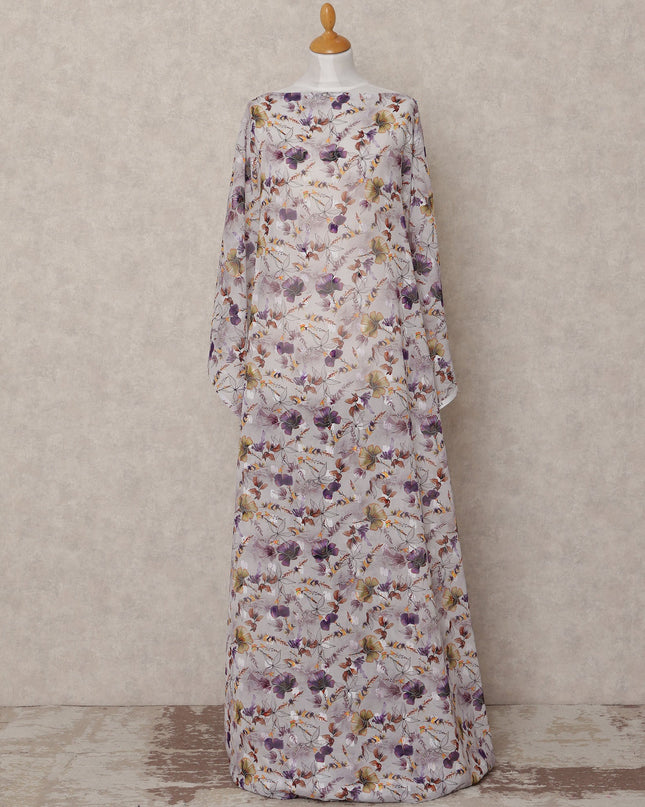 Light Grey & Purple Floral Traditional Somali Cotton Voile Dirac Fabric, 3.5 Mtrs, Width 140 Cms, Made in India-D24703