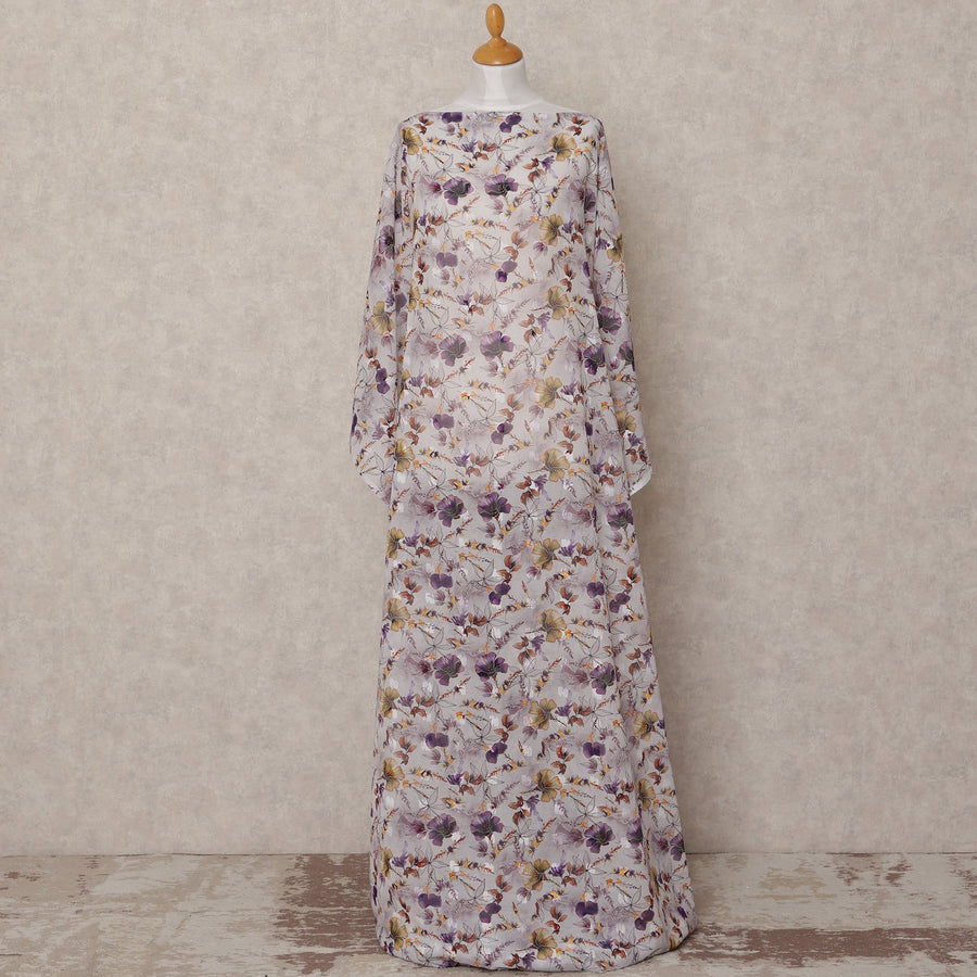 قماش ديراك تقليدي من القطن الصومالي، مزين بنقشة زهور باللونين الرمادي الفاتح والأرجواني، بطول 3.5 متر، وعرض 140 سم، صنع في الهند - D24703