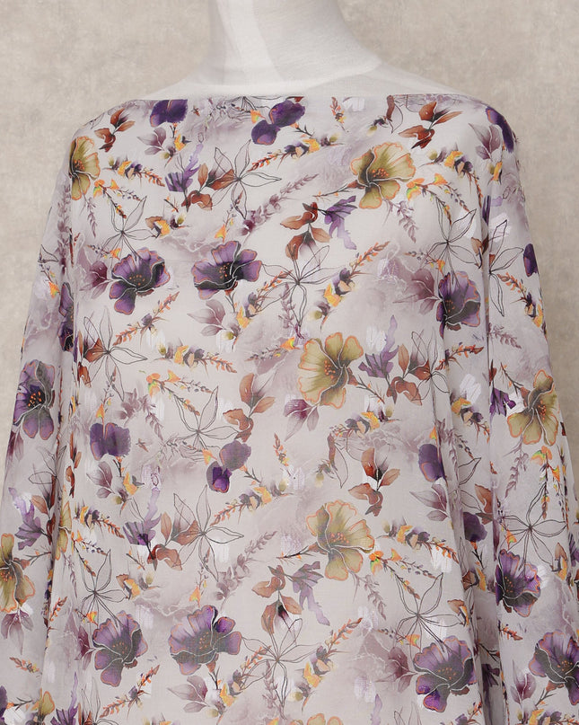 Light Grey & Purple Floral Traditional Somali Cotton Voile Dirac Fabric, 3.5 Mtrs, Width 140 Cms, Made in India-D24703