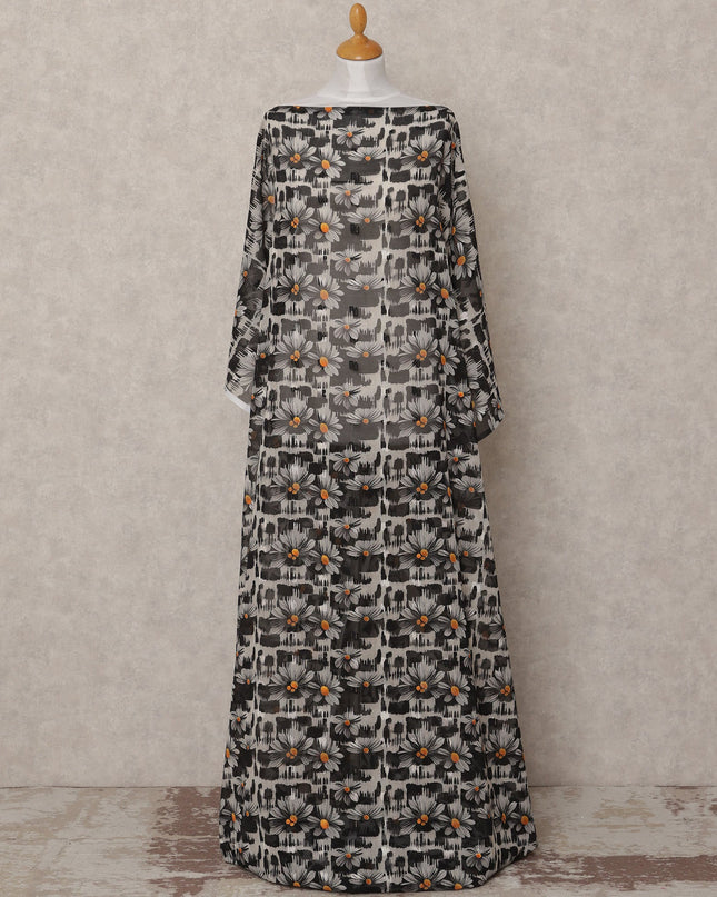 Black & White Daisy Print Traditional Somali Cotton Voile Dirac Fabric, 3.5 Mtrs, Width 140 Cms, Made in India-D24706