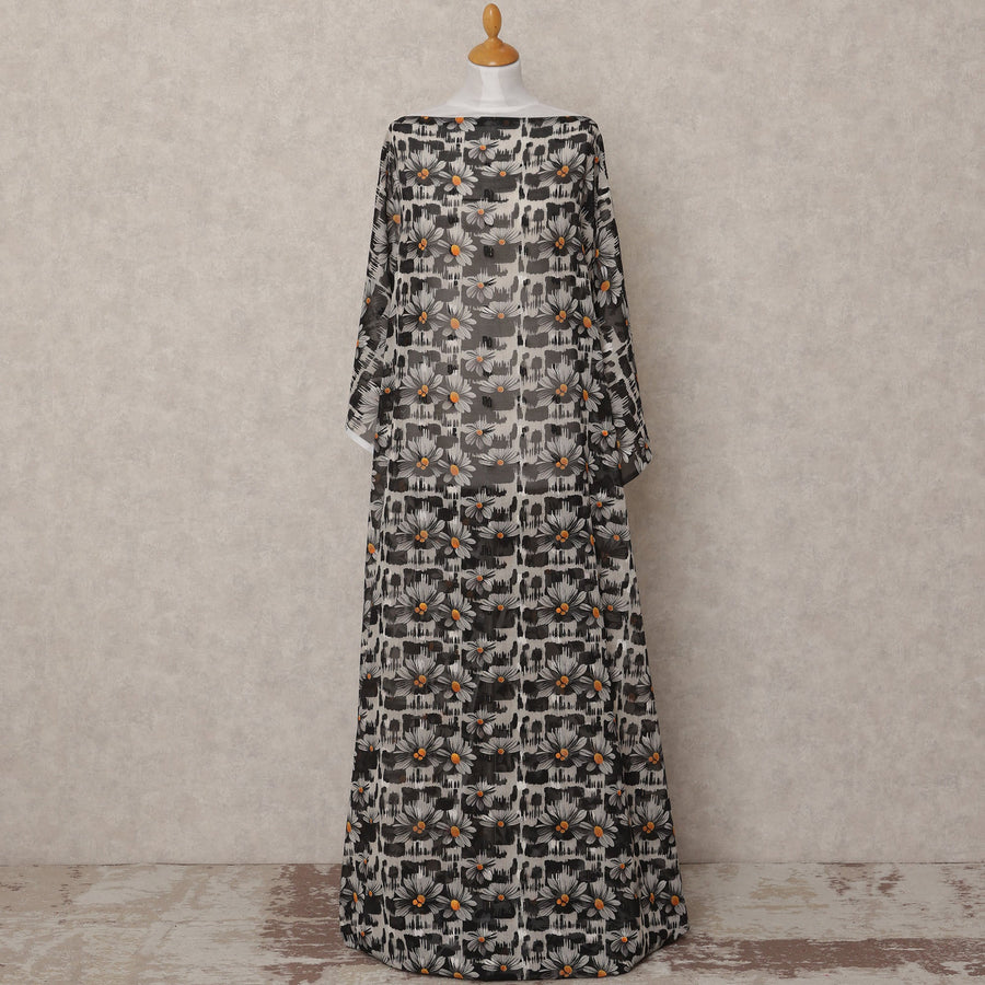 Black & White Daisy Print Traditional Somali Cotton Voile Dirac Fabric, 3.5 Mtrs, Width 140 Cms, Made in India-D24706