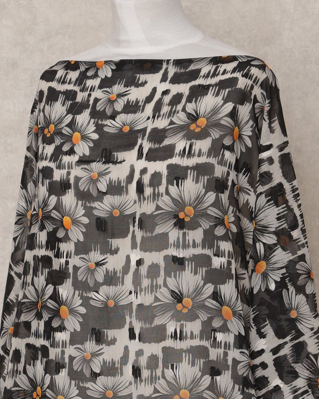 Black & White Daisy Print Traditional Somali Cotton Voile Dirac Fabric, 3.5 Mtrs, Width 140 Cms, Made in India-D24706