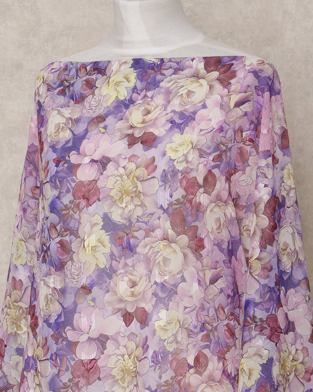 Lavender & Cream Floral Traditional Somali Cotton Voile Dirac Fabric, 3.5 Mtrs, Width 140 Cms, Made in India-D24710
