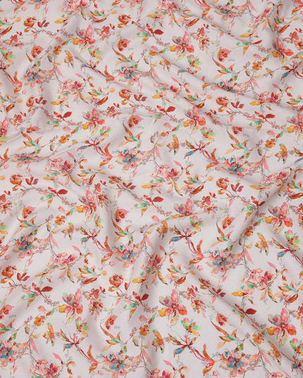 قماش كتان أبيض نقي مطبوع عليه زهور بتصميم ألوان مائية متعددة، عرض 140 سم، صنع في الهند - D25065