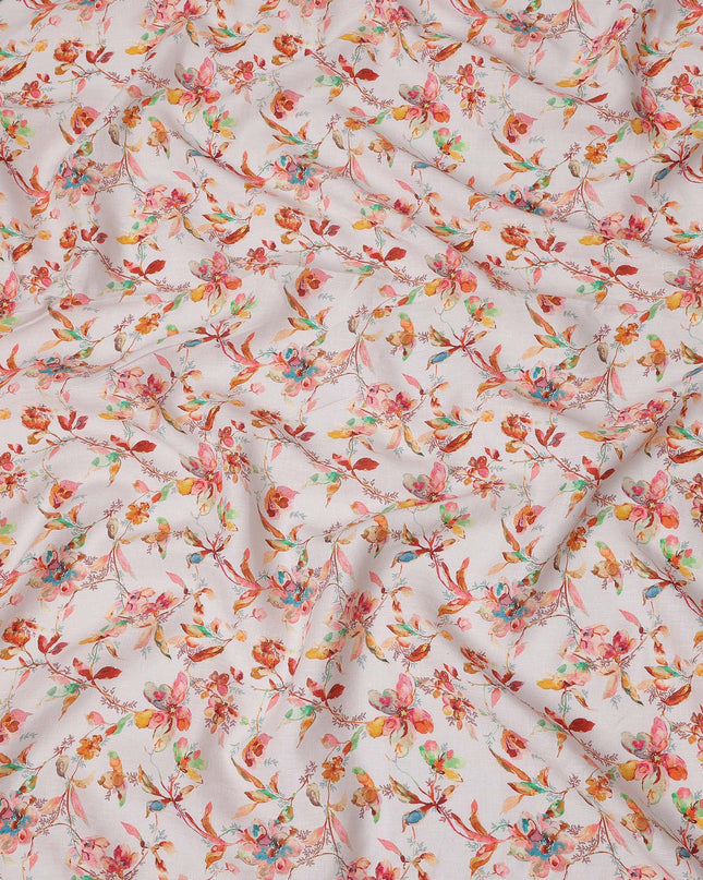 White Pure Linen Floral Printed Fabric with Multicolor Watercolor Design, 140 cms Width, Made in India-D25065