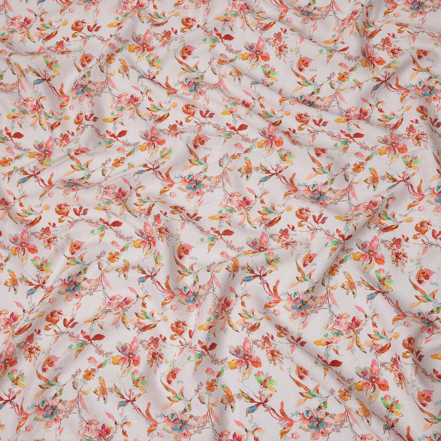 قماش كتان أبيض نقي مطبوع عليه زهور بتصميم ألوان مائية متعددة، عرض 140 سم، صنع في الهند - D25065