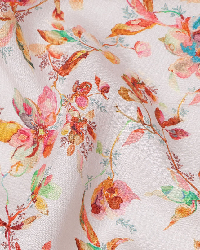 White Pure Linen Floral Printed Fabric with Multicolor Watercolor Design, 140 cms Width, Made in India-D25065