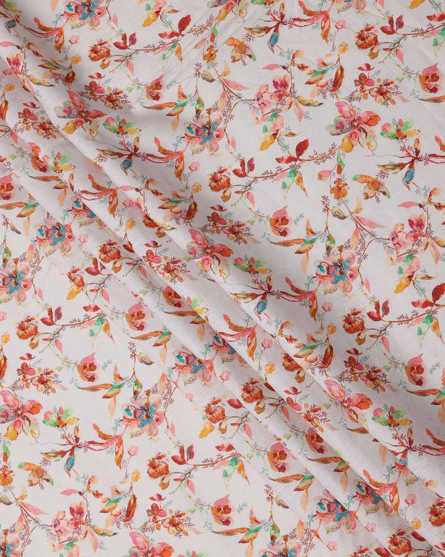 White Pure Linen Floral Printed Fabric with Multicolor Watercolor Design, 140 cms Width, Made in India-D25065