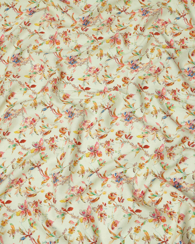 Light Cream Pure Linen Floral Printed Fabric with Multicolor Watercolor Design, 140 cms Width, Made in India-D25067