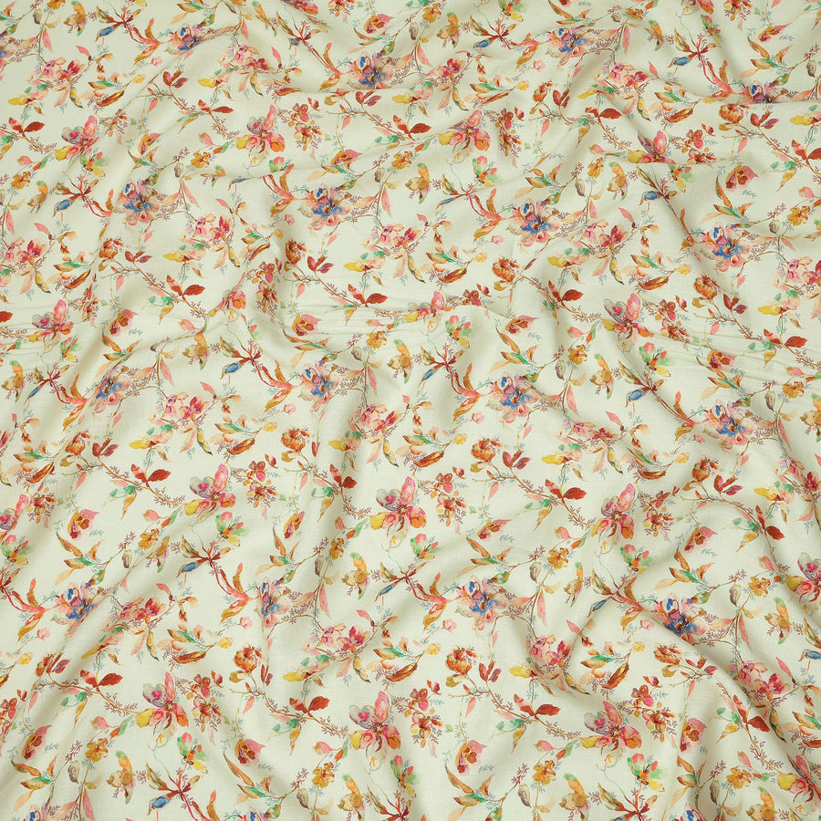 Light Cream Pure Linen Floral Printed Fabric with Multicolor Watercolor Design, 140 cms Width, Made in India-D25067