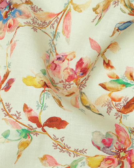 Light Cream Pure Linen Floral Printed Fabric with Multicolor Watercolor Design, 140 cms Width, Made in India-D25067