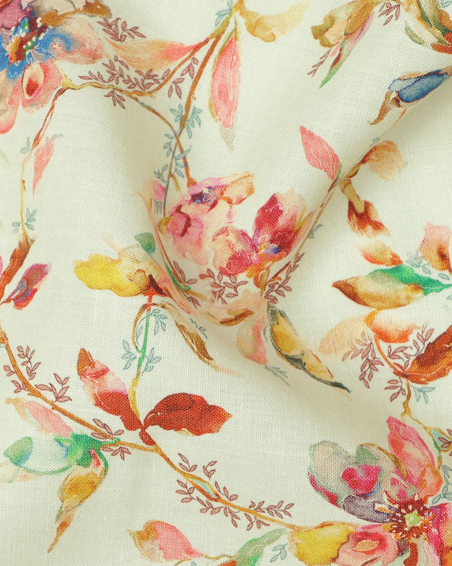 Light Cream Pure Linen Floral Printed Fabric with Multicolor Watercolor Design, 140 cms Width, Made in India-D25067