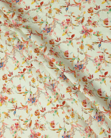 Light Cream Pure Linen Floral Printed Fabric with Multicolor Watercolor Design, 140 cms Width, Made in India-D25067