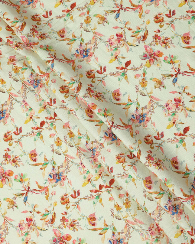 Light Cream Pure Linen Floral Printed Fabric with Multicolor Watercolor Design, 140 cms Width, Made in India-D25067