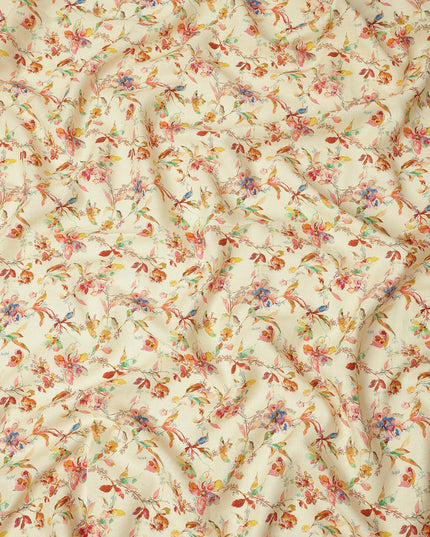 قماش كتان بيج نقي مطبوع عليه زهور بتصميم ألوان مائية متعددة، عرض 140 سم، صنع في الهند - D25066