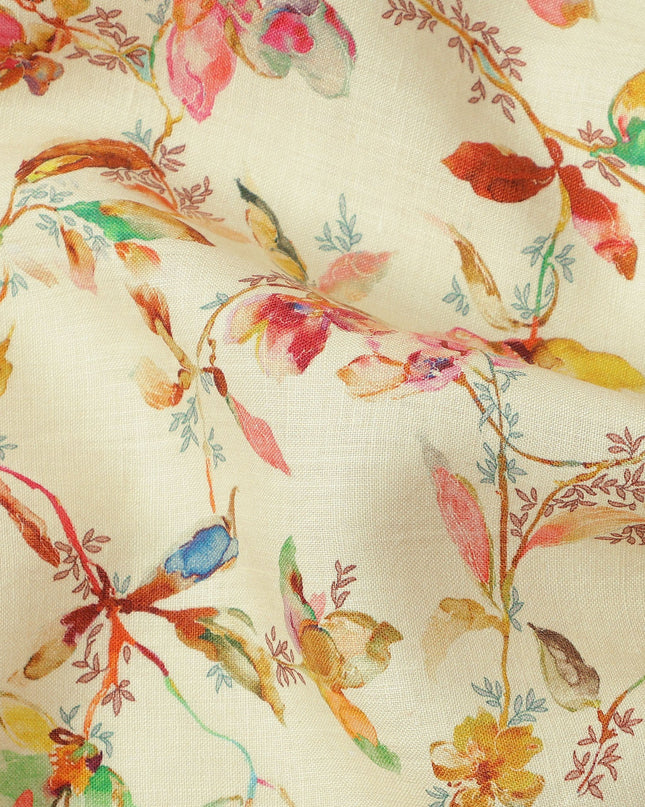 Beige Pure Linen Floral Printed Fabric with Multicolor Watercolor Design, 140 cms Width, Made in India-D25066