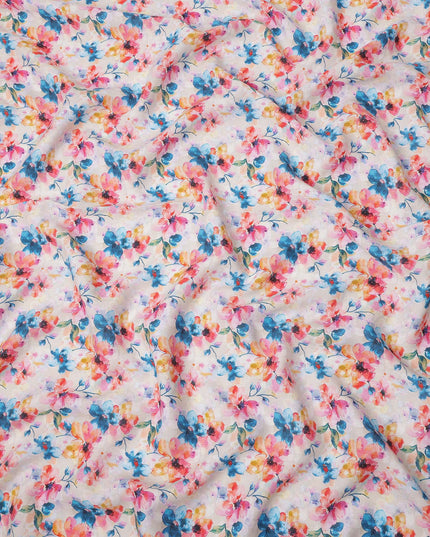 White Pure Linen Floral Printed Fabric with Multicolor Blue, Pink, and Yellow Blossom Design, 140 cms Width, Made in India-D25078