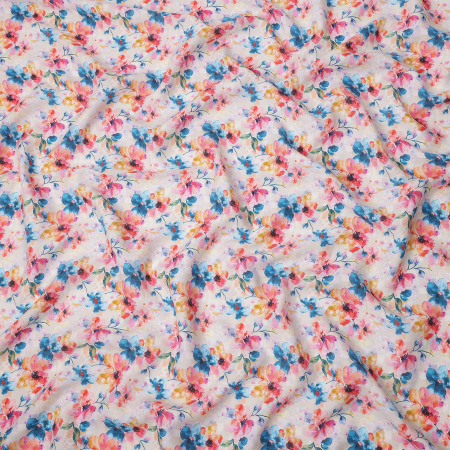 White Pure Linen Floral Printed Fabric with Multicolor Blue, Pink, and Yellow Blossom Design, 140 cms Width, Made in India-D25078