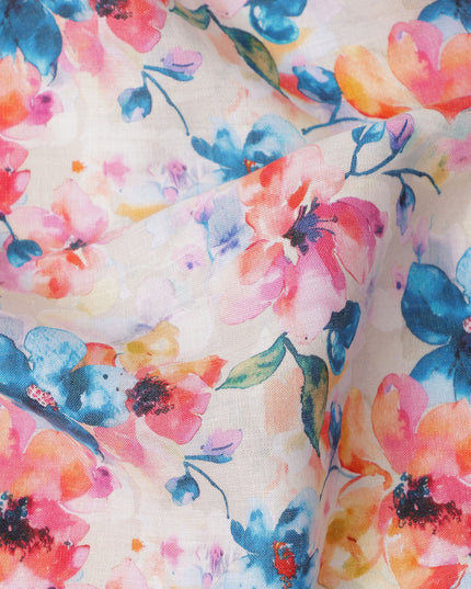 White Pure Linen Floral Printed Fabric with Multicolor Blue, Pink, and Yellow Blossom Design, 140 cms Width, Made in India-D25078