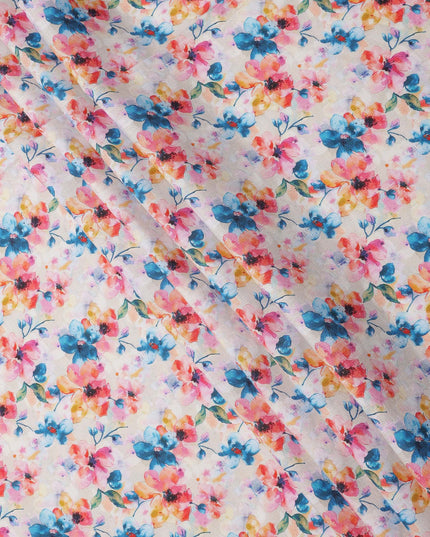 White Pure Linen Floral Printed Fabric with Multicolor Blue, Pink, and Yellow Blossom Design, 140 cms Width, Made in India-D25078