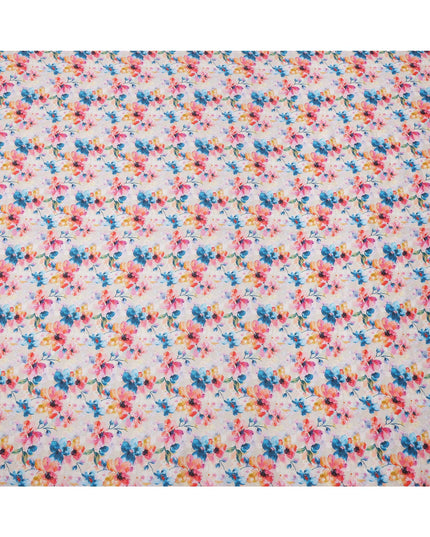 White Pure Linen Floral Printed Fabric with Multicolor Blue, Pink, and Yellow Blossom Design, 140 cms Width, Made in India-D25078