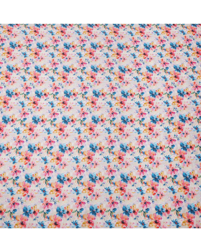 White Pure Linen Floral Printed Fabric with Multicolor Blue, Pink, and Yellow Blossom Design, 140 cms Width, Made in India-D25078