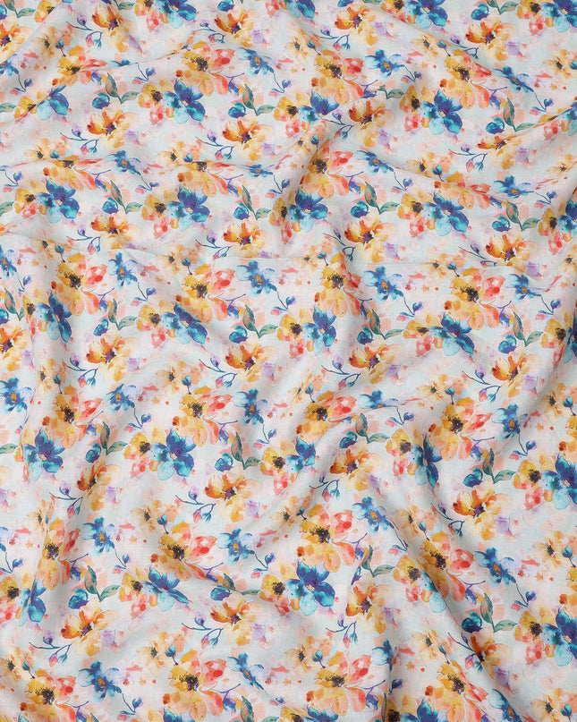 White Pure Linen Floral Printed Fabric with Multicolor Yellow, Blue, and Orange Blossom Design, 140 cms Width, Made in India-D25079
