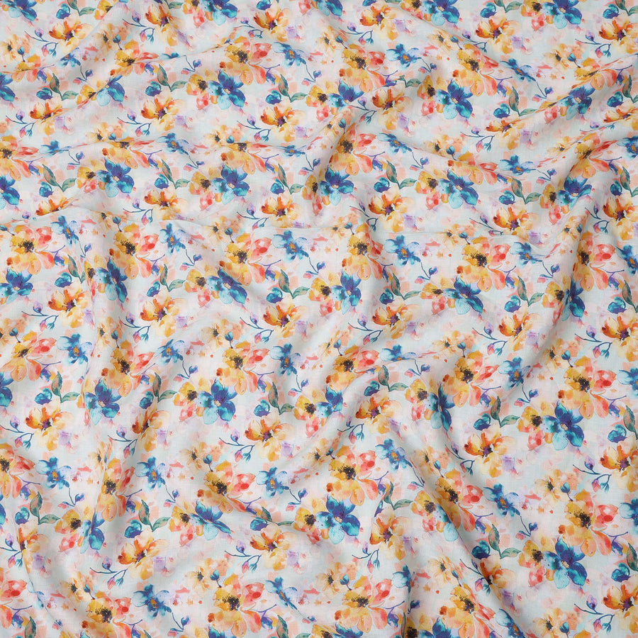 قماش كتان أبيض نقي مطبوع عليه زهور متعددة الألوان، أصفر، أزرق، وبرتقالي، عرض 140 سم، صنع في الهند - D25079