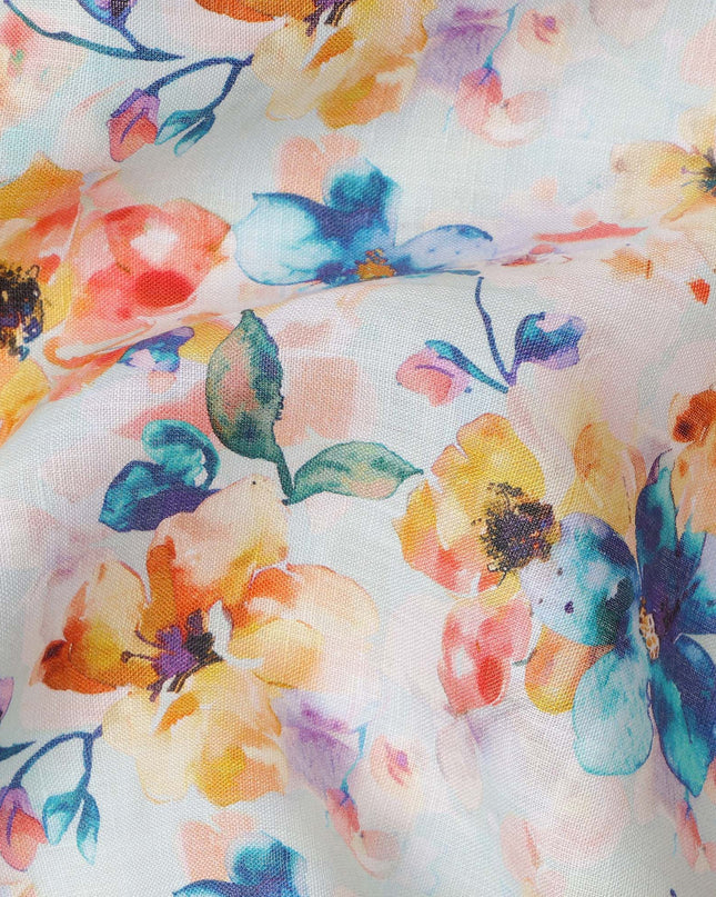 White Pure Linen Floral Printed Fabric with Multicolor Yellow, Blue, and Orange Blossom Design, 140 cms Width, Made in India-D25079