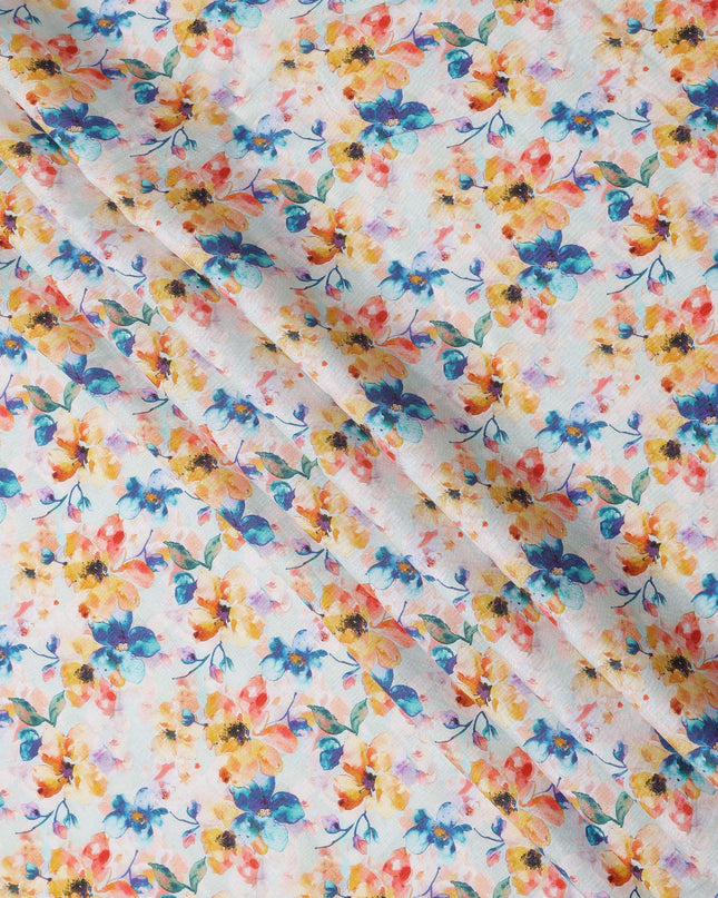 White Pure Linen Floral Printed Fabric with Multicolor Yellow, Blue, and Orange Blossom Design, 140 cms Width, Made in India-D25079