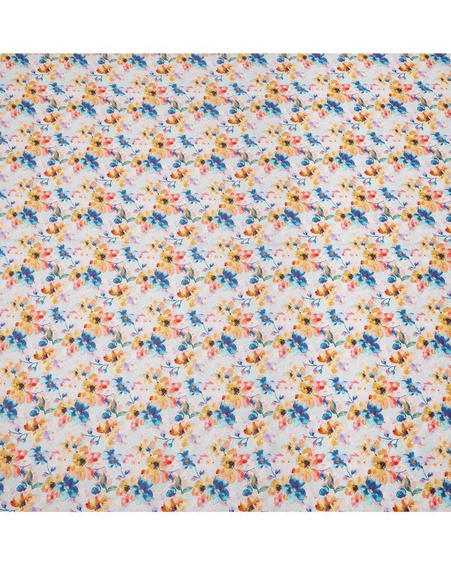 White Pure Linen Floral Printed Fabric with Multicolor Yellow, Blue, and Orange Blossom Design, 140 cms Width, Made in India-D25079