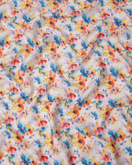 White Pure Linen Floral Printed Fabric with Multicolor Blue, Yellow, and Orange Blossom Design, 140 cms Width, Made in India
-D25080