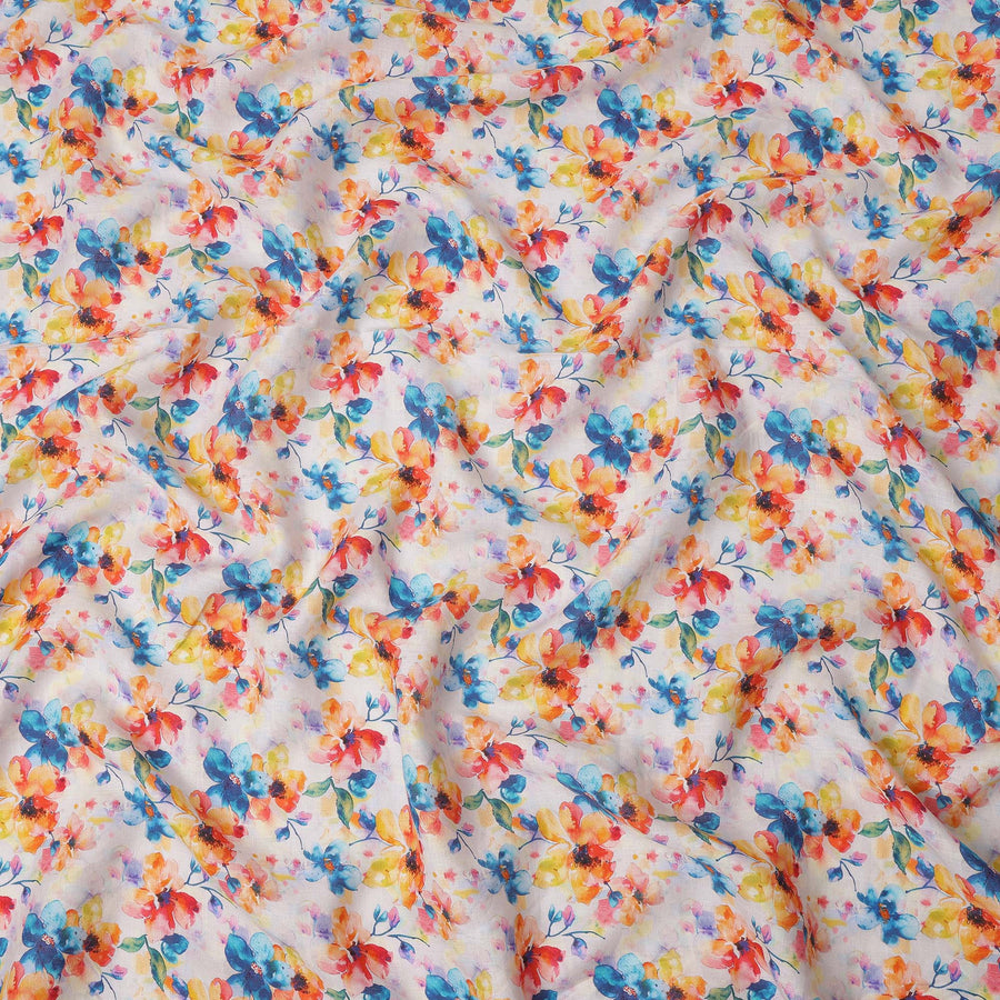 White Pure Linen Floral Printed Fabric with Multicolor Blue, Yellow, and Orange Blossom Design, 140 cms Width, Made in India
-D25080